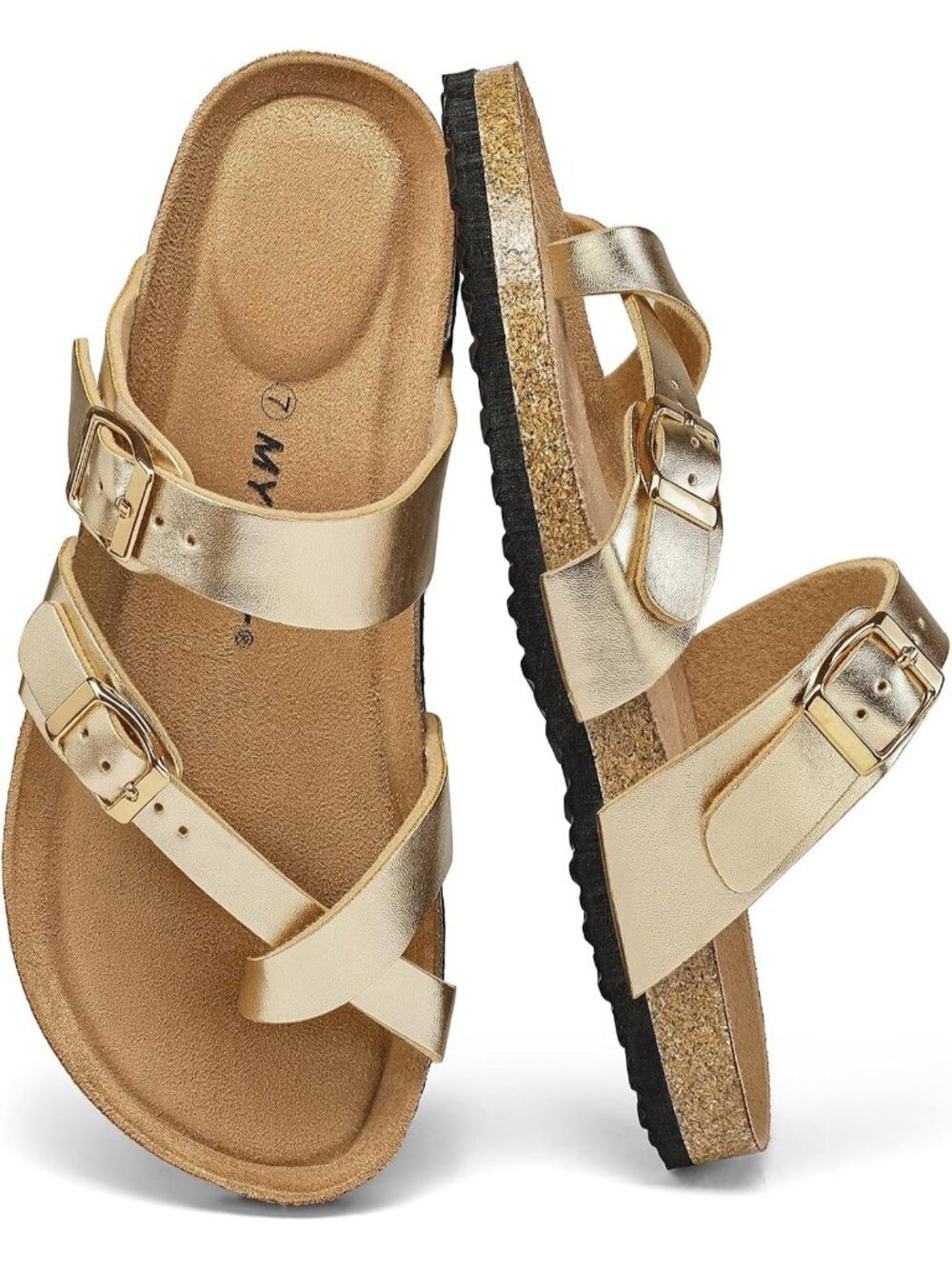 Women's Gold Double Adjustable Buckle Slide Cork Footbed Slip On Sandal Shoes